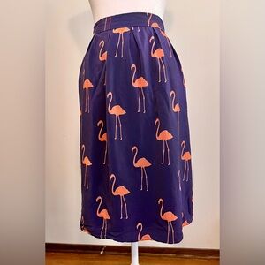 Charlotte Taylor for Anthropologie, 100% SILK skirt, blue coral flamingo print.